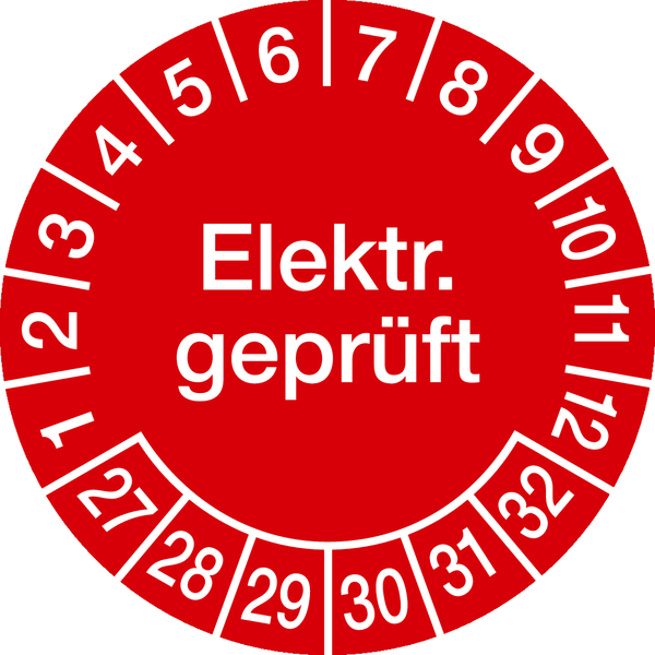 Prüfplakette, Elektr. geprüft, rot/weiß, Ø 30 mm, Dokumentenfolie - Bogen = 10 Plaketten