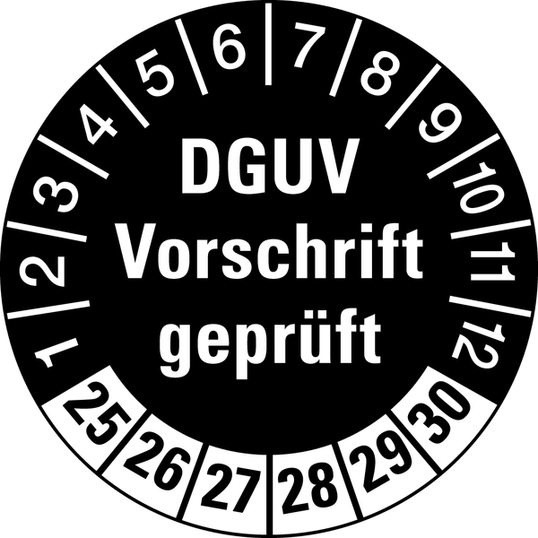 Prüfplakette, DGUV Vorschrift geprüft, schwarz/weiß, Ø 30 mm - Bogen = 10 Plaketten