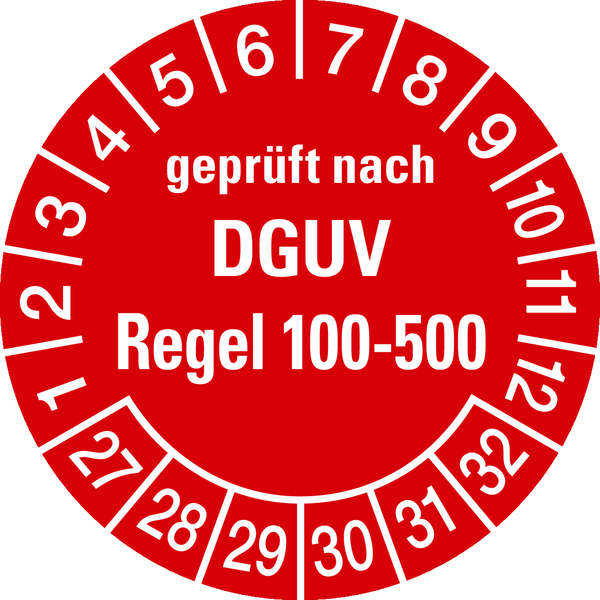 Prüfplakette, DGUV Regel 100-500, rot/weiß, Folie, Ø 30 mm - Bogen = 10 Plaketten