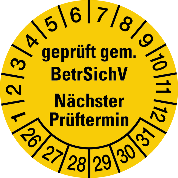 Prüfplakette, BetrSichV Nächster Prüftermin, gelb/schwarz, Folie, Ø 30 mm - Bogen = 10 Plaketten