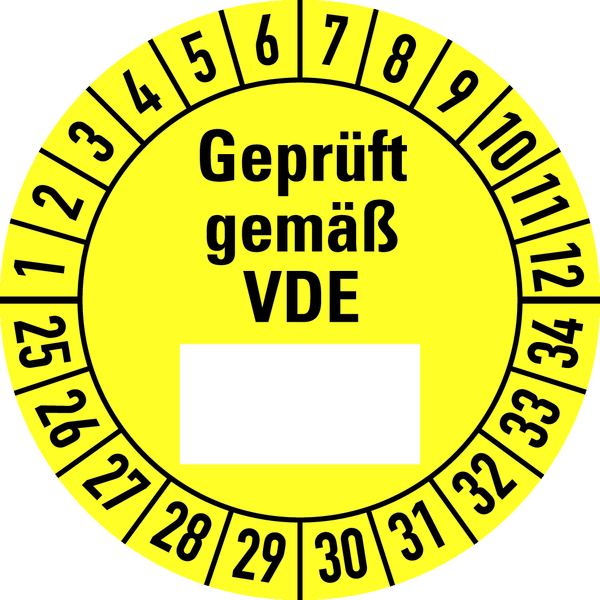 Prüfplakette, Geprüft gemäß VDE (Freifeld), gelb/schwarz, Folie, Ø 30 mm - Bogen = 10 Plaketten