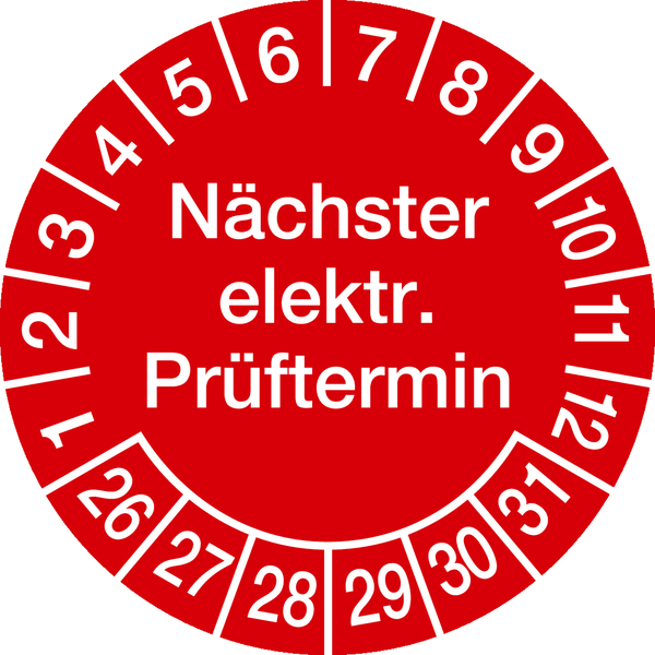 Prüfplakette, Nächster elektr. Prüftermin, rot/weiß, Folie, Ø 30 mm - Bogen = 10 Plaketten