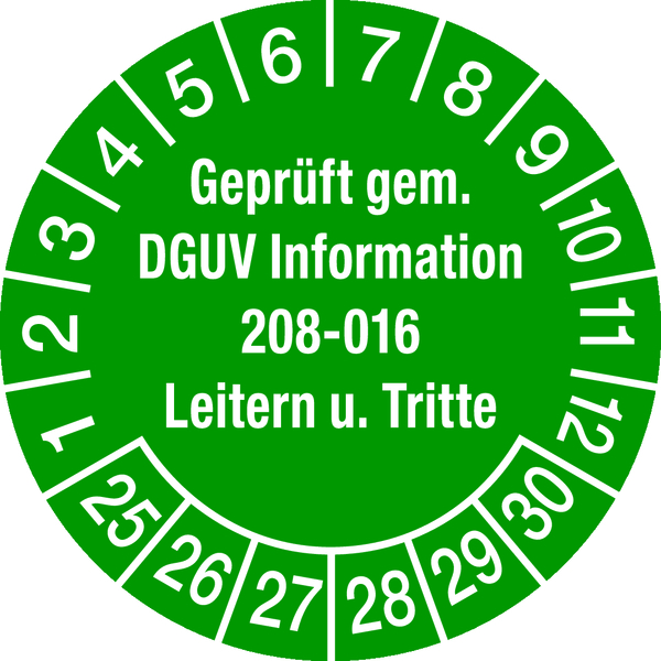 Prüfplakette, DGUV Information 208-016 Leitern und Tritte, grün/weiß, Ø 30 mm - Bogen = 10 Plaketten