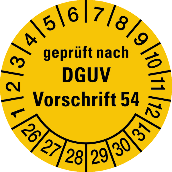 Prüfplakette, geprüft nach DGUV Vorschrift 54, gelb/schwarz, Folie, Ø 30mm - Bogen = 10 Plaketten