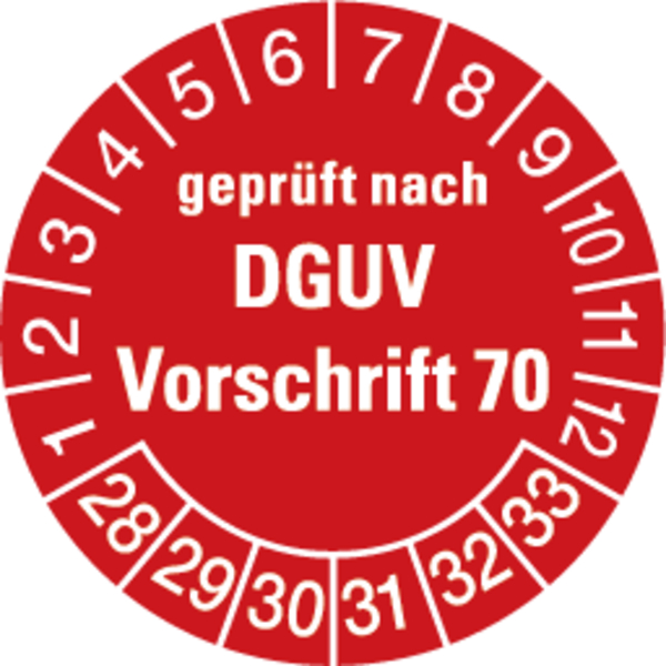 Prüfplakette, geprüft nach DGUV Vorschrift 70, rot/weiß, Folie, Ø 30 mm - Bogen = 10 Plaketten