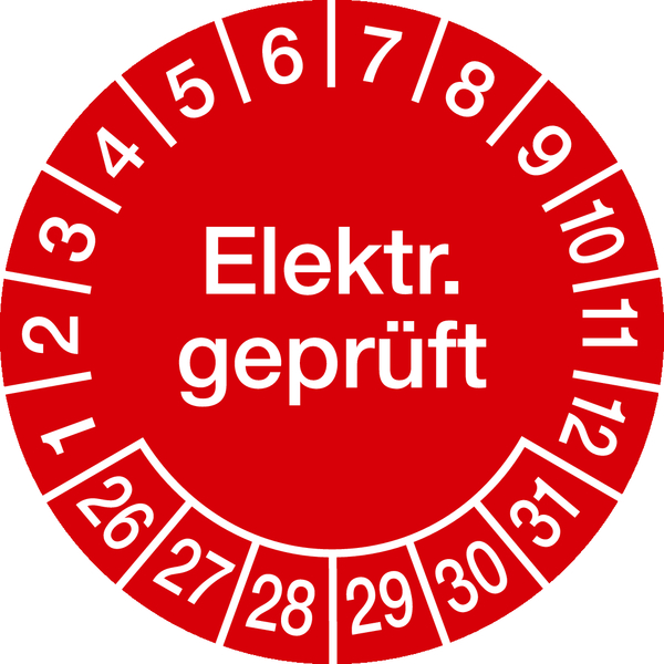 Prüfplakette, Elektr. geprüft, rot/weiß, Ø 20 mm - Bogen = 10 Plaketten