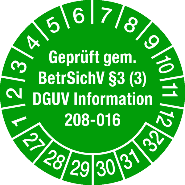 Prüfplakette, Geprüft gem. BetrSichV § 3 (3) DGUV Information 208-016 Ø 30mm - Bogen = 10 Plaketten