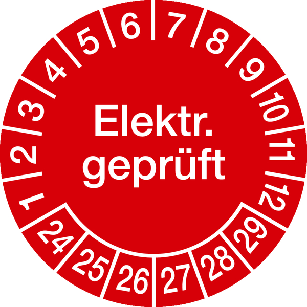 Prüfplakette, Elektr. geprüft, rot/weiß, Ø 30 mm, Dokumentenfolie - Bogen = 10 Plaketten