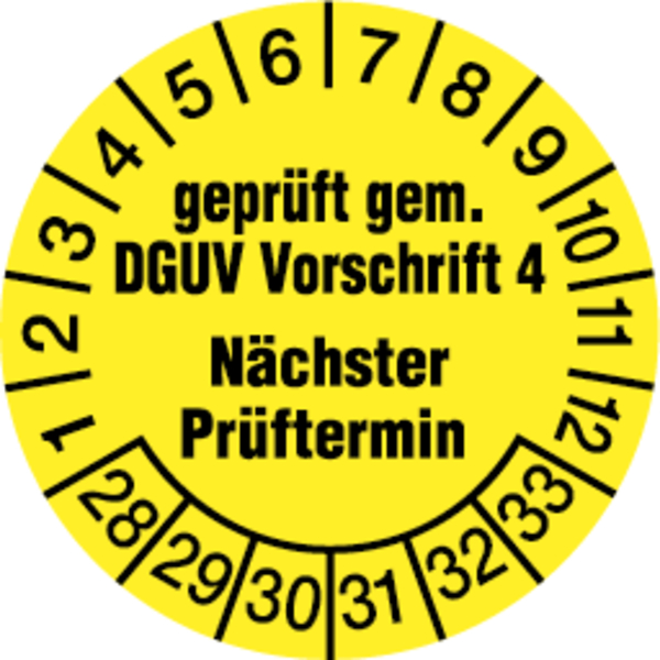 Prüfplakette, DGUV Vorschrift 4 Nächster Prüftermin, gelb/schwarz, Folie, Ø 30mm - Bogen = 10 Stk.