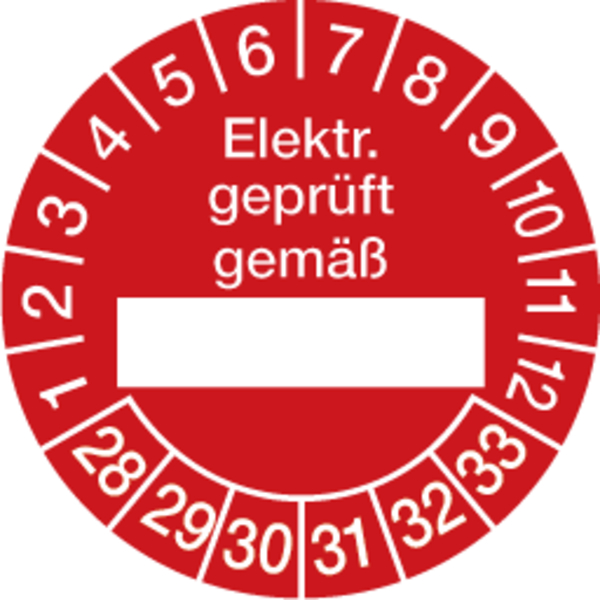 Prüfplakette, Elektr. geprüft gemäß (Freifeld), rot/weiß, Folie, Ø 30 mm - Bogen = 10 Plaketten