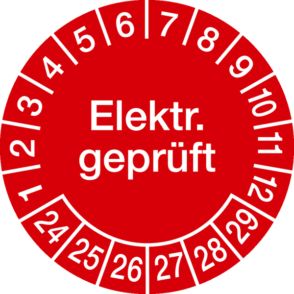Prüfplakette, Elektr. geprüft, rot/weiß, Ø 20 mm - Bogen = 10 Plaketten