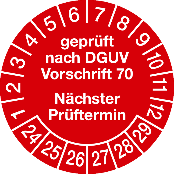Prüfplaketten, DGUV Vorschrift 70 Nächster Prüftermin, rot/weiß, Folie, Ø 30 mm - Bogen = 10 Stk.