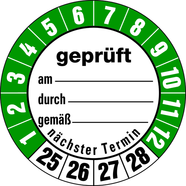 Prüfplakette, geprüft am_ durch_ gemäß_ nächster Termin, Folie, Ø 35 mm - Bogen = 10 Plaketten