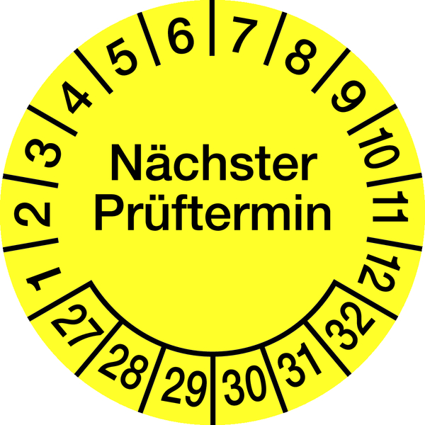 Prüfplakette, Nächster Prüftermin, Dokumentenfolie, gelb/schwarz, Ø 30 mm - Bogen = 10 Plaketten