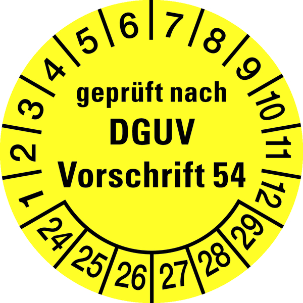 Prüfplakette, geprüft nach DGUV Vorschrift 54, gelb/schwarz, Folie, Ø 30mm - Bogen = 10 Plaketten