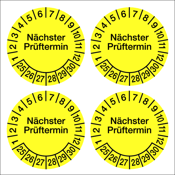 Prüfplakette, Nächster Prüftermin, Folie, gelb/schwarz, Ø 60 mm - Bogen = 4 Plaketten