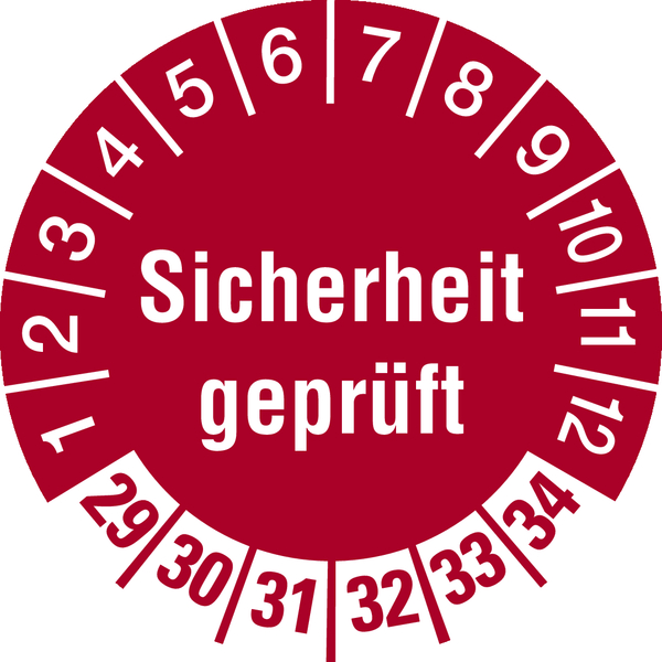 Prüfplakette, Sicherheit geprüft, Rot/Weiß, Folie, Ø 30 mm - Bogen = 10 Plaketten