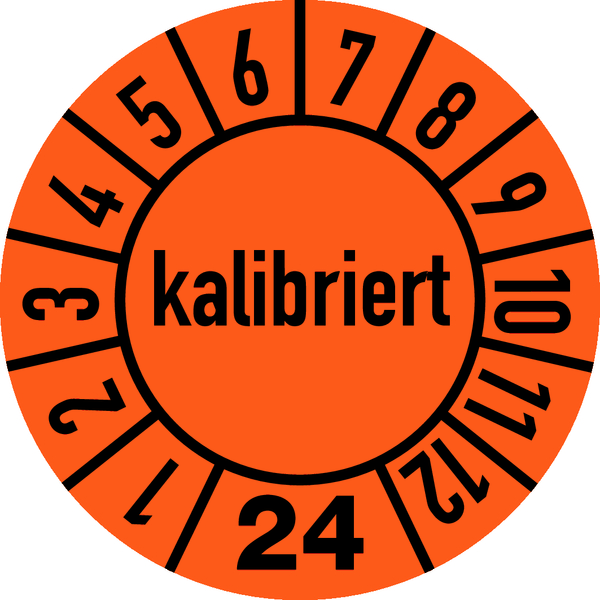 Jahresprüfplakette, kalibriert, orange/schwarz, Folie, Ø 10 mm - Bogen = 10 Plaketten