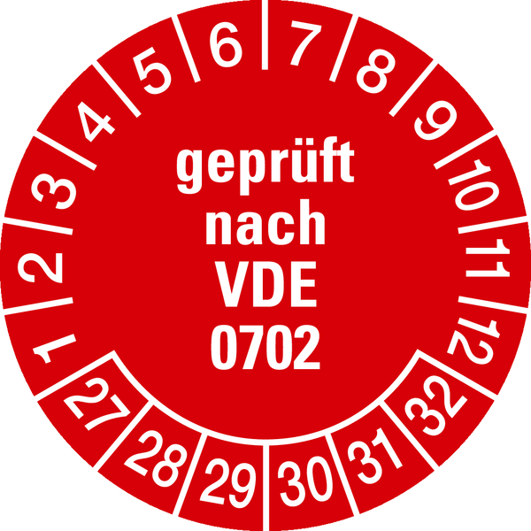 Prüfplakette, geprüft nach VDE 0702, rot/weiß, Ø 30 mm - Bogen = 10 Plaketten