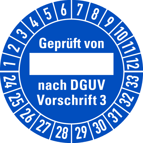 Prüfplakette, Geprüft von _____ nach DGUV Vorschrift 3, blau/weiß, Ø 30mm - Bogen = 10 Plaketten