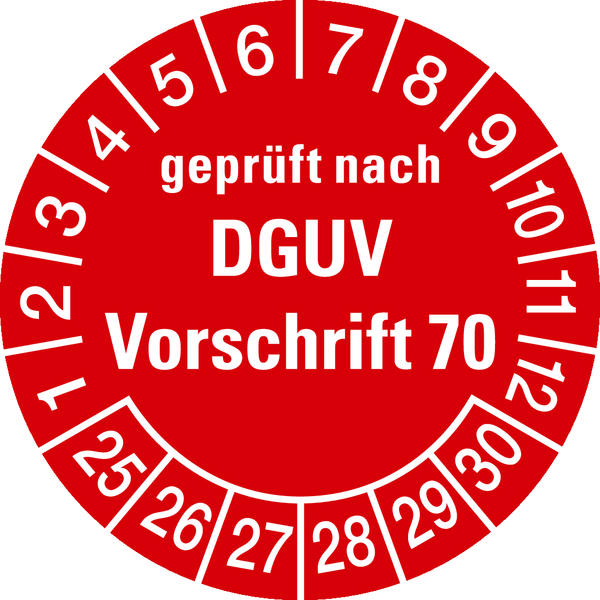 Prüfplakette, geprüft nach DGUV Vorschrift 70, rot/weiß, Folie, Ø 30 mm - Bogen = 10 Plaketten