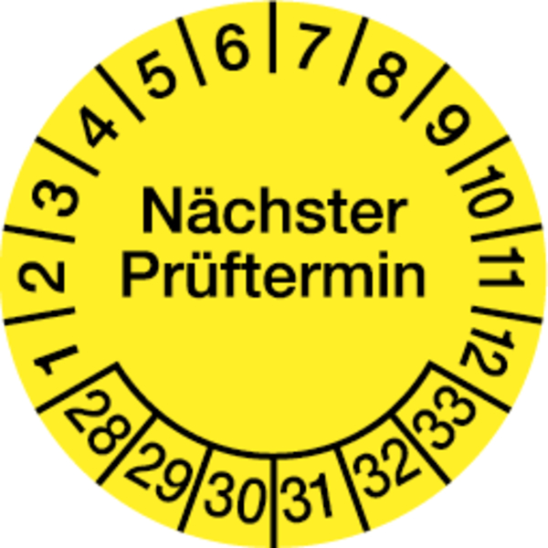 Prüfplakette, Nächster Prüftermin, Dokumentenfolie, gelb/schwarz, Ø 30 mm - Bogen = 10 Plaketten