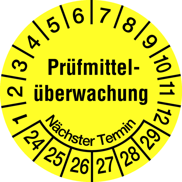 Prüfplakette, Prüfmittelüberwachung Nächster Termin, gelb/schwarz, Folie, Ø 20mm - Bogen = 10 Stk.