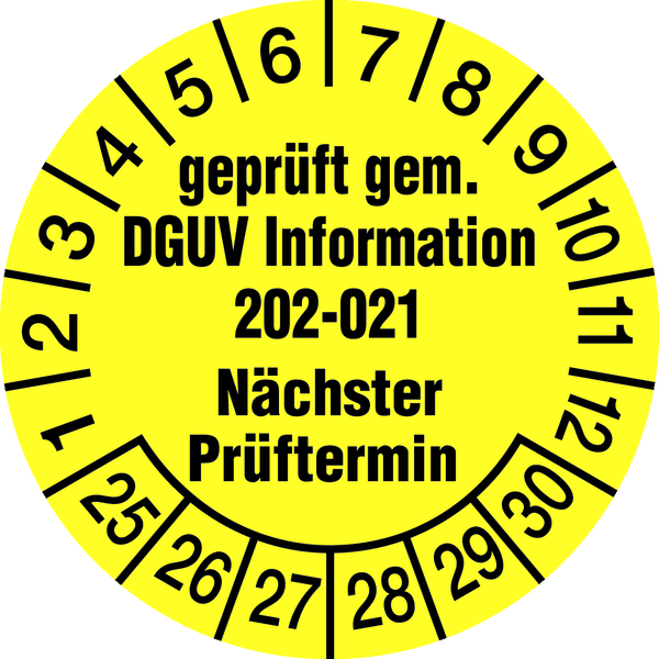 Prüfplakette, DGUV Information 202-021 Nächster Prüftermin, gelb/schwarz, Ø 30mm - Bogen = 10 Stk.