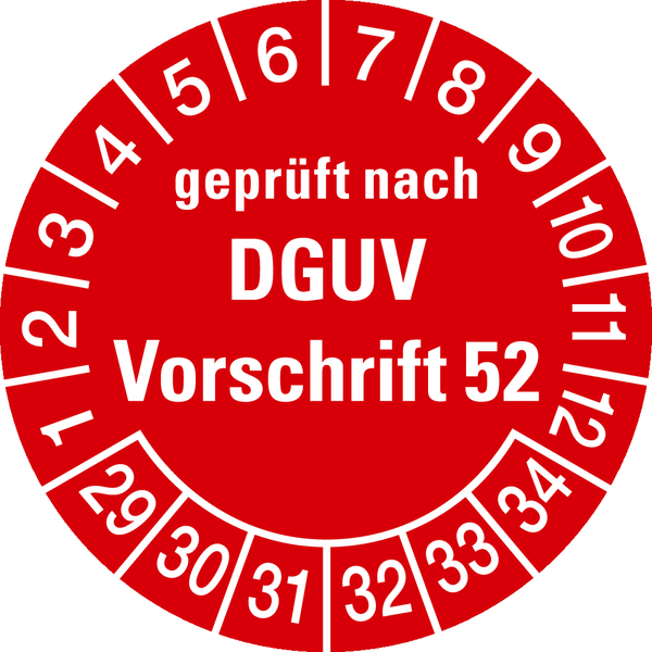 Prüfplakette, geprüft nach DGUV Vorschrift 52, rot/weiß, Folie, Ø 30 mm - Bogen = 10 Plaketten