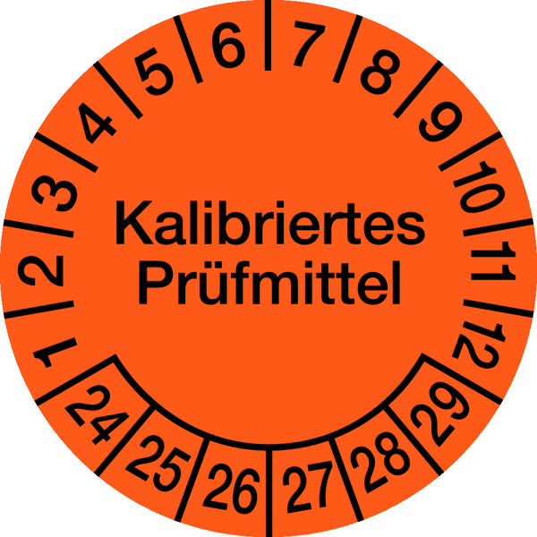 Prüfplakette, Kalibriertes Prüfmittel, Orange/Schwarz, Folie, Ø 30´mm - Bogen = 10 Plaketten