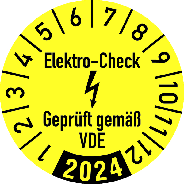 Jahresprüfplakette, Elektro-Check Geprüft gem. VDE, gelb/schwarz, Folie, Ø 30 mm - Bogen = 10 Stk.