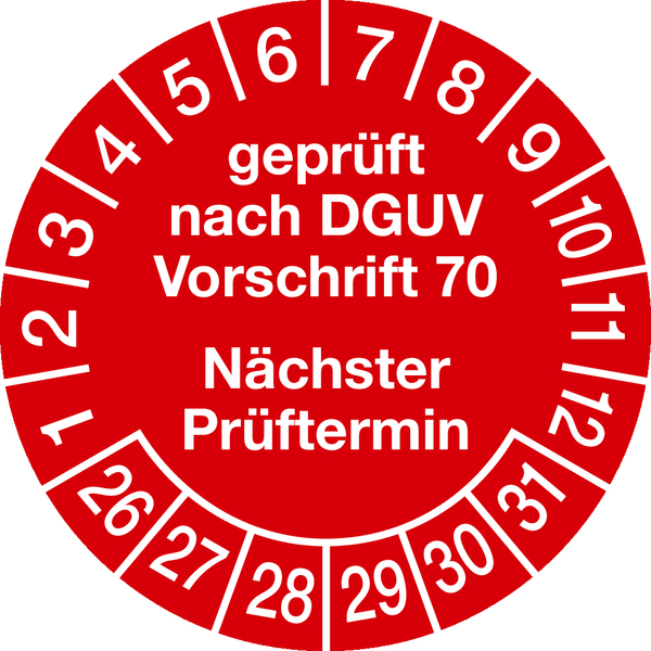 Prüfplaketten, DGUV Vorschrift 70 Nächster Prüftermin, rot/weiß, Folie, Ø 30 mm - Bogen = 10 Stk.