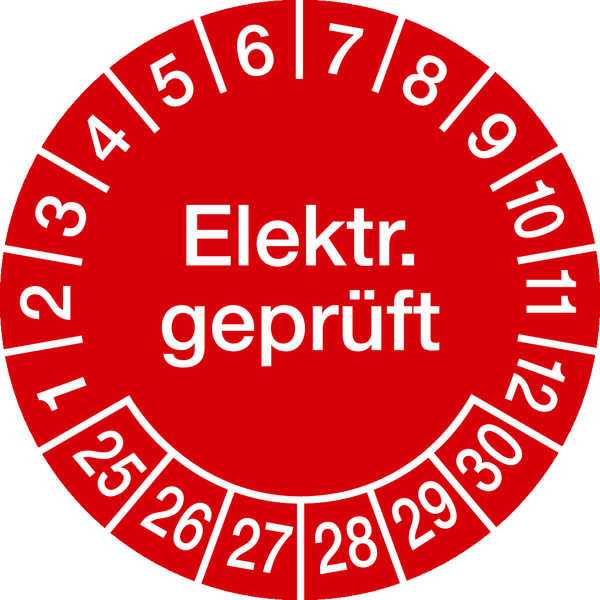 Prüfplakette, Elektr. geprüft, rot/weiß, Ø 30 mm, Dokumentenfolie - Bogen = 10 Plaketten