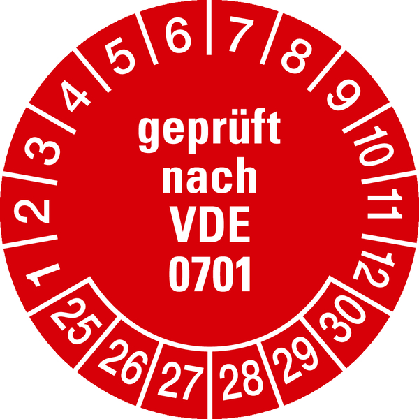 Prüfplakette, geprüft nach VDE 0701, rot/weiß, Ø 30 mm - Bogen = 10 Plaketten