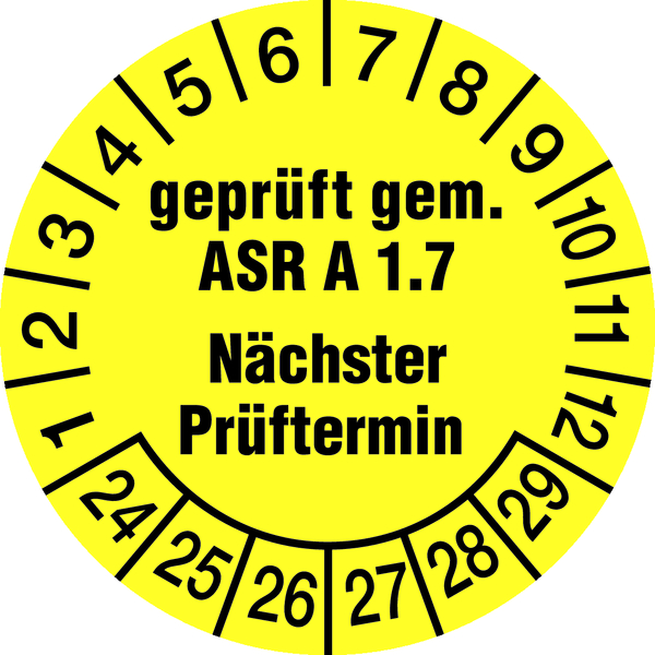 Prüfplakette, ASR A1.7 Nächster Prüftermin, gelb/schwarz, Folie, Ø 30 mm - Bogen = 10 Plaketten