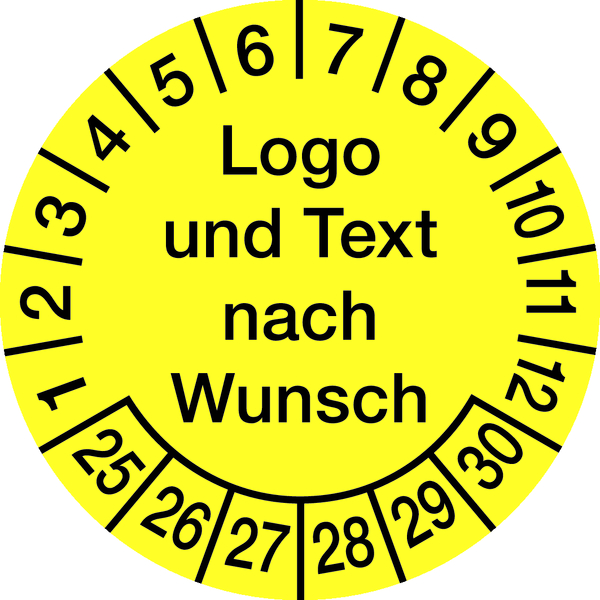 Prüfplaketten, Logo und Text nach Wunsch, Folie, Ø 20 - 40 mm - Bogen = 10 Stk.