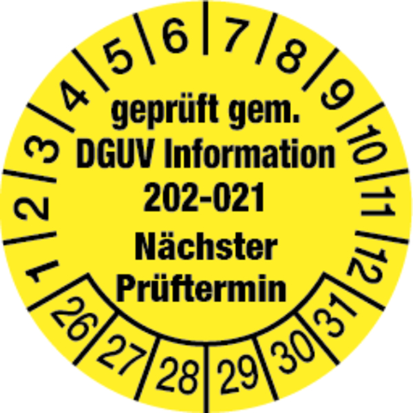 Prüfplakette, DGUV Information 202-021 Nächster Prüftermin, gelb/schwarz, Ø 30mm - Bogen = 10 Stk.