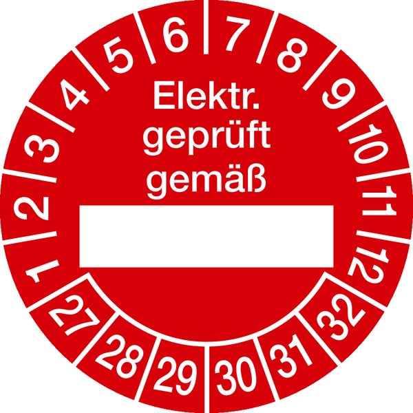 Prüfplakette, Elektr. geprüft gemäß (Freifeld), rot/weiß, Folie, Ø 30 mm - Bogen = 10 Plaketten