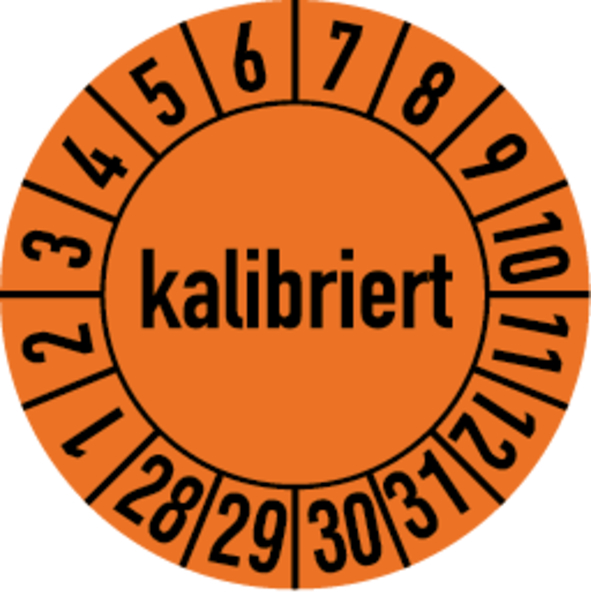 Prüfplakette, kalibriert, orange/schwarz, Folie, Ø 30 mm - Bogen = 10 Plaketten