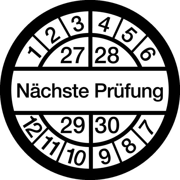 Prüfplakette, Nächste Prüfung, weiß/schwarz, Ø 16 mm - Bogen = 10 Plaketten