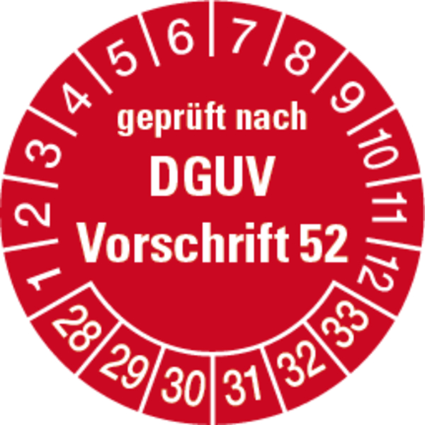 Prüfplakette, geprüft nach DGUV Vorschrift 52, rot/weiß, Folie, Ø 30 mm - Bogen = 10 Plaketten