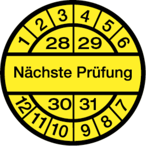 Prüfplakette, Nächste Prüfung, schwarz/gelb, Dokumentenfolie, Ø 12,5/30 mm - Bogen = 10 Plaketten