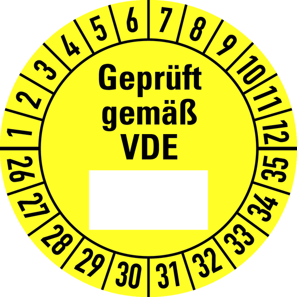 Prüfplakette, Geprüft gemäß VDE (Freifeld), gelb/schwarz, Folie, Ø 30 mm - Bogen = 10 Plaketten