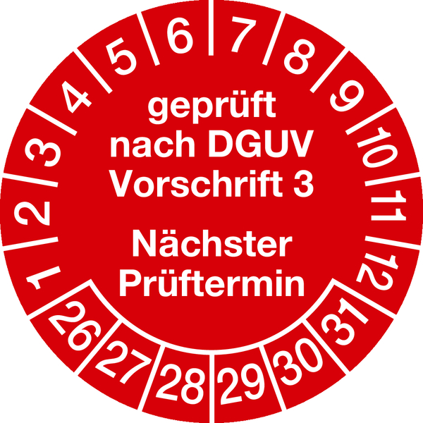 Prüfplakette, DGUV Vorschrift 3 Nächster Prüftermin, rot/weiß, Folie, Ø 30mm - Bogen = 10 Plaketten