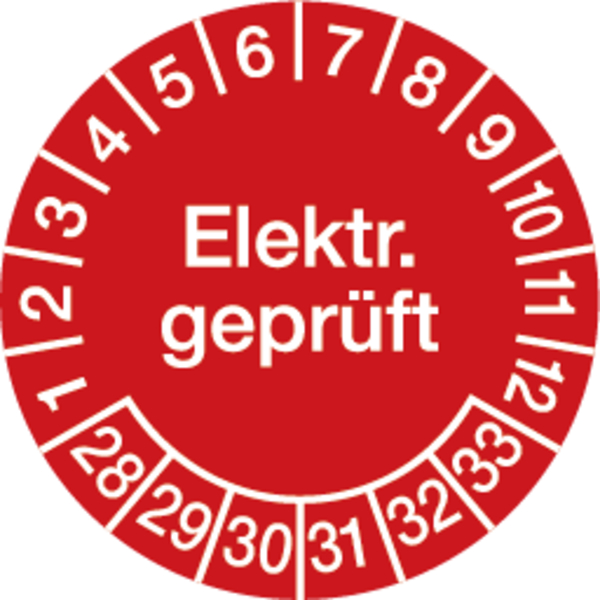 Prüfplakette, Elektr. geprüft, rot/weiß, Ø 20 mm - Bogen = 10 Plaketten