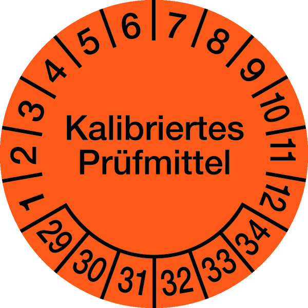 Prüfplakette, Kalibriertes Prüfmittel, Orange/Schwarz, Folie, Ø 30´mm - Bogen = 10 Plaketten