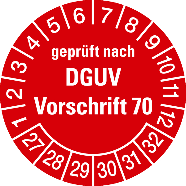 Prüfplakette, geprüft nach DGUV Vorschrift 70, rot/weiß, Folie, Ø 30 mm - Bogen = 10 Plaketten