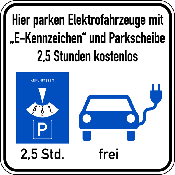 Parkplatzschild, Elektrofahrzeuge mit Parkscheibe, 300 x 300 mm, Aluverbund