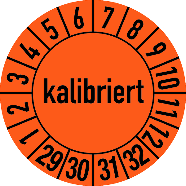 Prüfplakette, kalibriert, orange/schwarz, Folie, Ø 30 mm - Bogen = 10 Plaketten