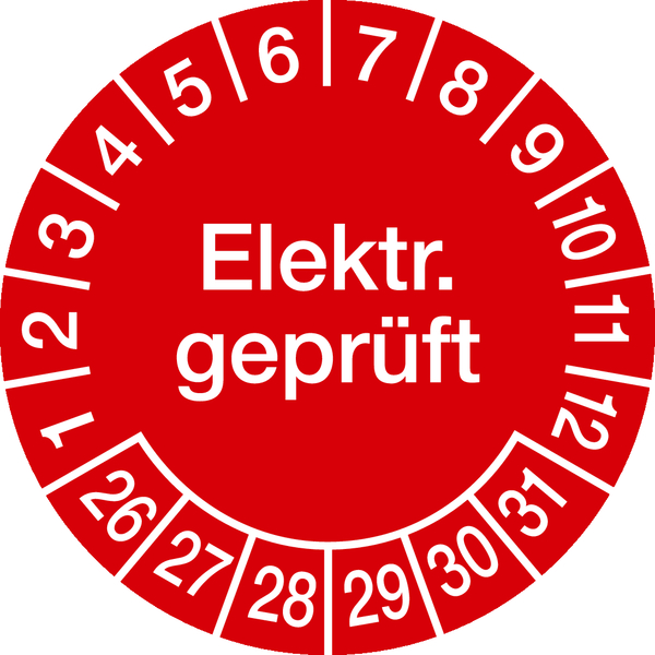 Prüfplakette, Elektr. geprüft, rot/weiß, Ø 30 mm, Dokumentenfolie - Bogen = 10 Plaketten